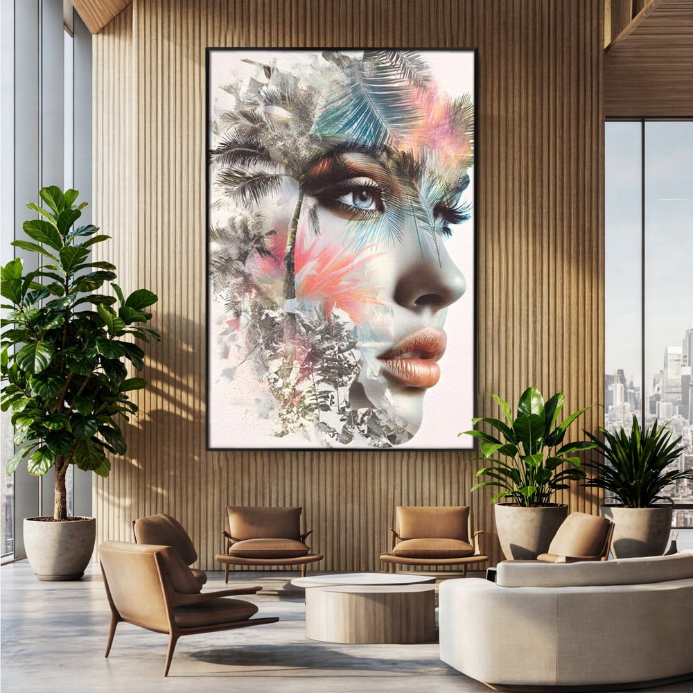 Tablou canvas cu tablou canvas cu portret feminin si palmieri, in rama de aluminiu negru, pe perete intr-un birou